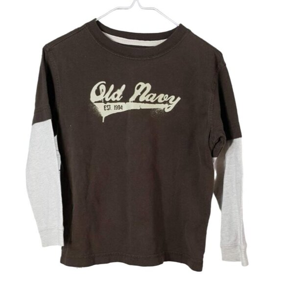 2/$15 Old Navy Boys Layered T Shirt Brown XS Logo Est 1994 Long Sleeve Crew Neck - Picture 1 of 6